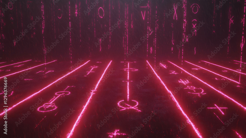 Poster enchanted atmosphere with glowing magical runes and neon lines in mystical setting