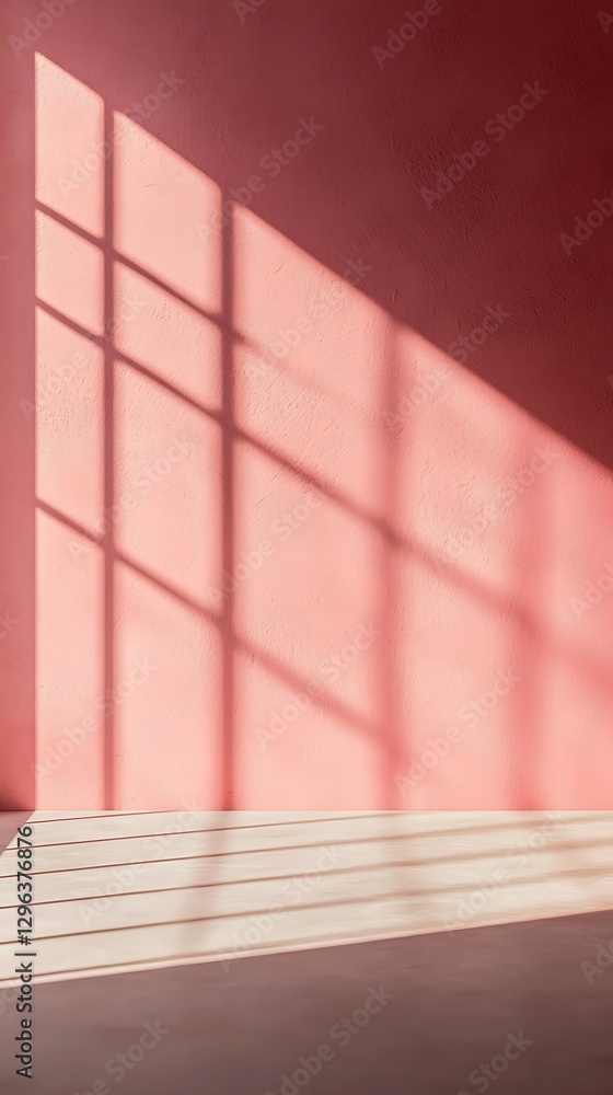 Poster a minimalist interior with a pink wall, casting soft shadows from window panes, creating a serene an