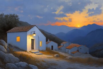 Mountain Village Sunset - Serene sunset over a quaint mountain village, houses glow with warm light. Peaceful, idyllic scene
