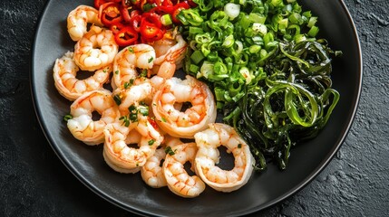 Naklejka premium Healthy seafood dish made with cooked shrimps, chopped chives, chili pepper and seaweed is served on a black plate placed on a dark textured surface
