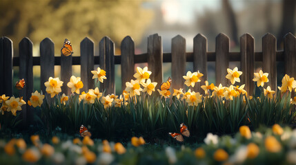 A field of blooming yellow daffodils and tulips bathed in warm morning sunlight, symbolizing the arrival of spring. Gentle breeze moving the flowers