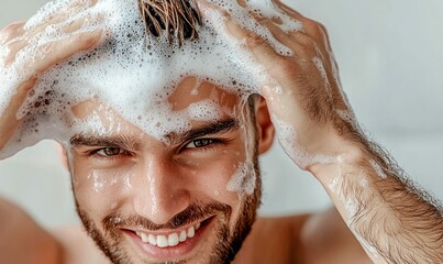 Happy Man Washing Hair with Shampoo and Foam