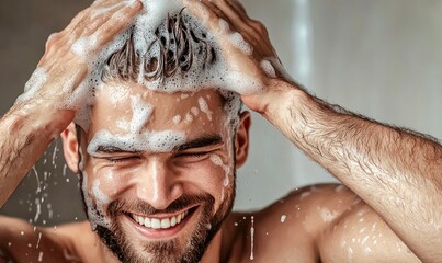 Happy Man Washing Hair with Shampoo and Foam