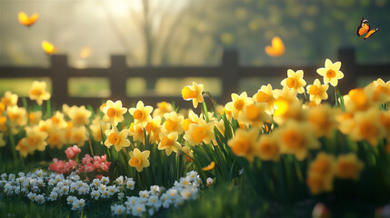 A field of blooming yellow daffodils and tulips bathed in warm morning sunlight, symbolizing the arrival of spring. Gentle breeze moving the flowers
