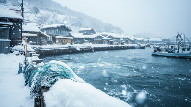 日本海の冬 &ndash; 雪に閉ざされた漁村の港