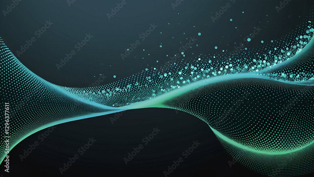 Poster futuristic vector wave of flowing dots forming a 3d curved pattern in blue-green gradient. the isola