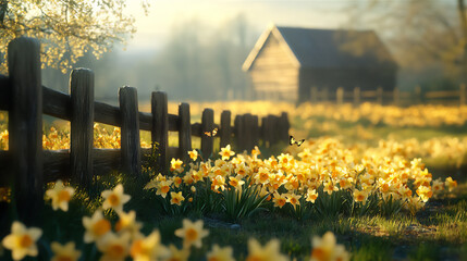 A field of blooming yellow daffodils and tulips bathed in warm morning sunlight, symbolizing the arrival of spring. Gentle breeze moving the flowers