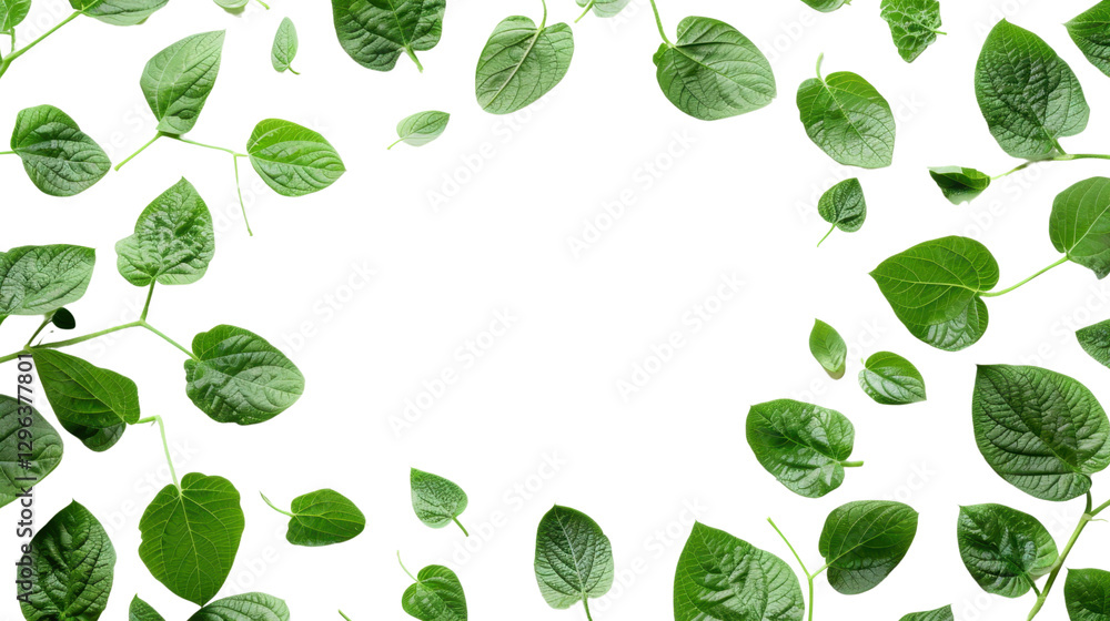 Poster green leaves falling on transparent background creating a frame