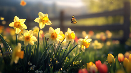 A field of blooming yellow daffodils and tulips bathed in warm morning sunlight, symbolizing the arrival of spring. Gentle breeze moving the flowers
