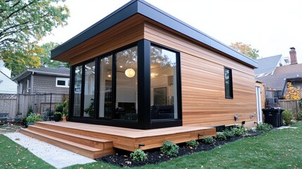 Modern Wood & Black Glass Studio ADU Backyard Design