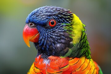 Naklejka premium Vibrant Rainbow Lorikeet portrait. Close-up showcasing its iridescent plumage and striking colors.