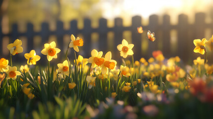 A field of blooming yellow daffodils and tulips bathed in warm morning sunlight, symbolizing the arrival of spring. Gentle breeze moving the flowers