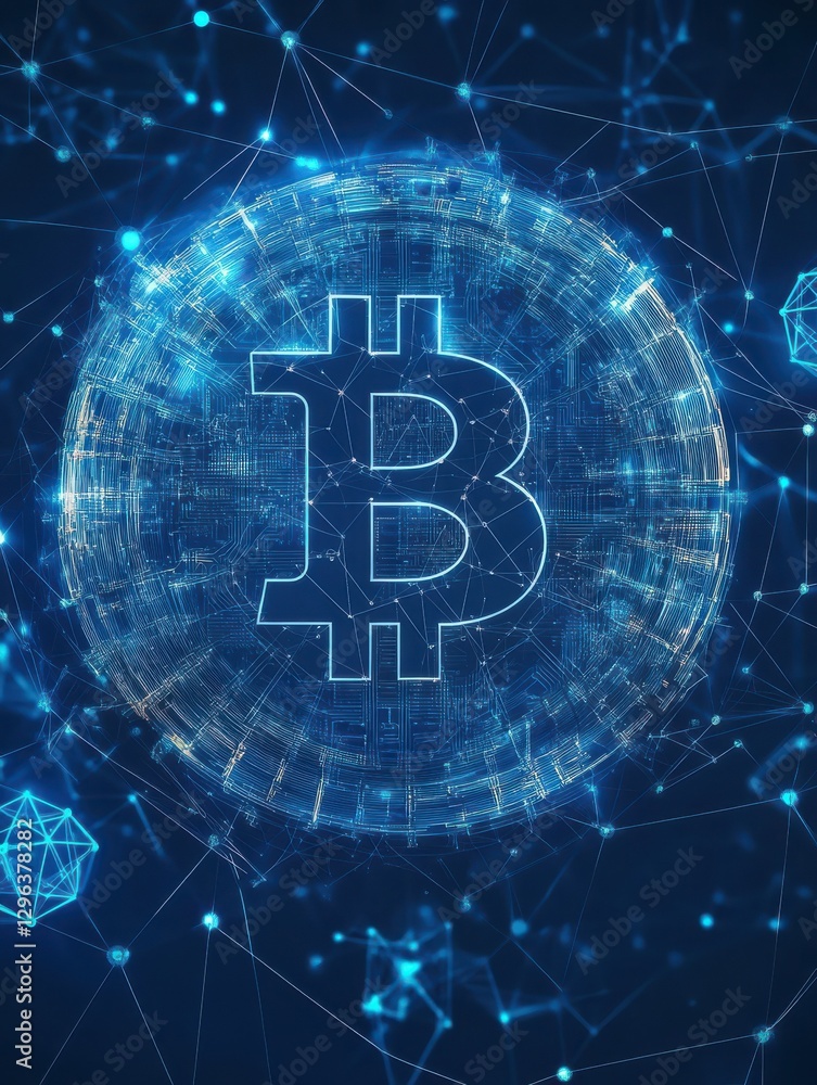 Poster blockchain technology futuristic hud background with world globe and blockchain polygon peer to peer