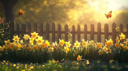 A field of blooming yellow daffodils and tulips bathed in warm morning sunlight, symbolizing the arrival of spring. Gentle breeze moving the flowers