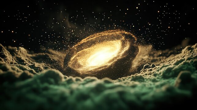 A swirling spiral galaxy with luminous star clusters and glowing gas clouds, isolated on a green screen