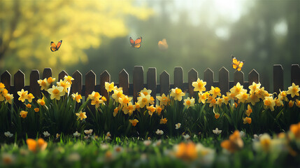A field of blooming yellow daffodils and tulips bathed in warm morning sunlight, symbolizing the arrival of spring. Gentle breeze moving the flowers