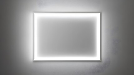 A rectangular illuminated frame displaying light on a gray wall