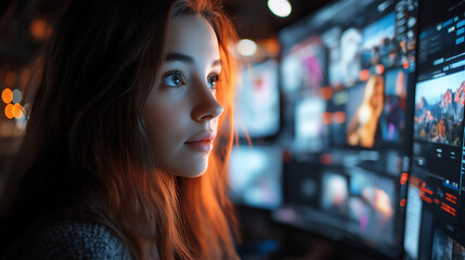 A diverse group of students attending an online class, multiple faces on a video call screen, various workspaces in the background, bright and modern aesthetic, Woman and computer