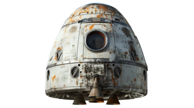 Old rusty space capsule isolated on transparent background with visible thrusters