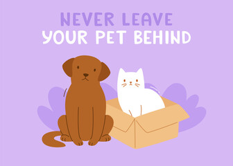 Banner with cute homeless pets. Cartoon poster with dog and cat in a box.