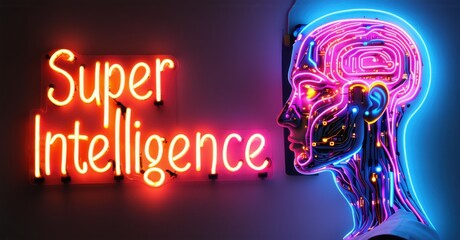 Neon sign super intelligence human head glowing circuits replacing veins futuristic light grid bright colorful realistic photo