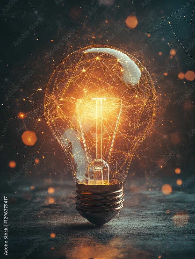 Poster abstract glowing light bulb on concrete background with polygonal hr network. hiring concept. 3d ren