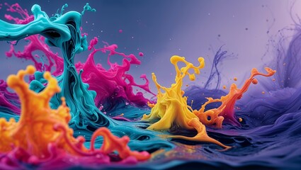 Colorful paint splashes exploding across surface, mixing vibrant tones and generating dynamic abstract artistic expressions