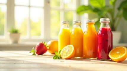 Fototapeta premium Refreshing Homemade Fruit Juices in Glass Bottles on Wooden Table