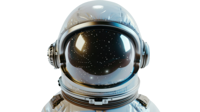 Astronaut helmet reflecting stars on transparent background