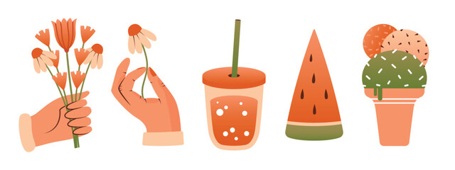 Collection of summer vector clip arts. Isolated illustrations with hand holding bouquet of summer flowers, daisy, ice cream, cup with cold drink, slice of watermelon. Flat Design. Cute naive elements.
