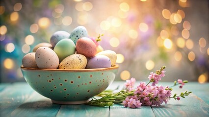 Pastel Easter Eggs in a Decorative Bowl with Spring Blossoms on a Wooden Table