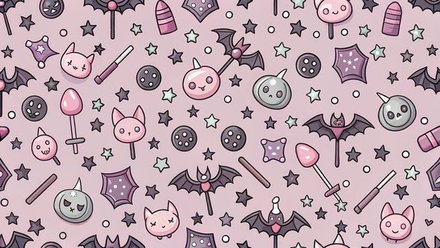 Delightful Pastel Goth Kawaii Halloween Seamless Pattern Design Featuring Spooky Cute Treats and Symbols