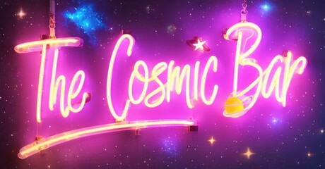 Neon sign cosmic bar planetary cocktails glowing vibrant colors deep space bright colorful realistic photo