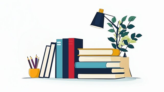 Flat illustration of books, a desk lamp, and a plant on a white background. clip art style with simple, minimalistic shapes and flat color application. 