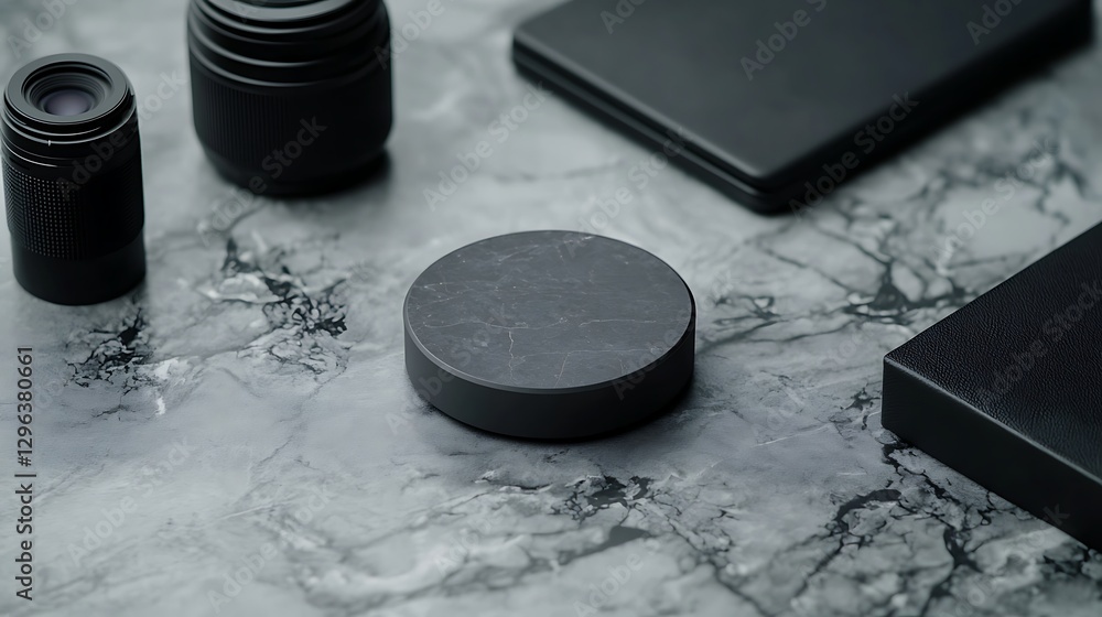 Aufkleber a minimalist arrangement of black objects on a marble surface, featuring a circular item and various