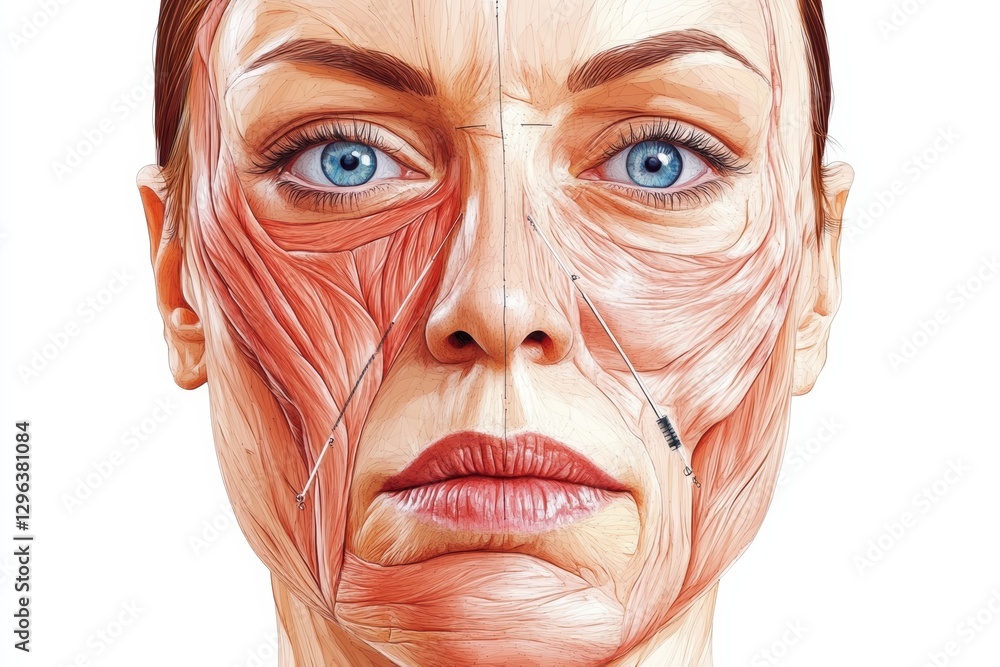 Poster detailed medical illustration showcasing botox injection points on a female face along with highligh
