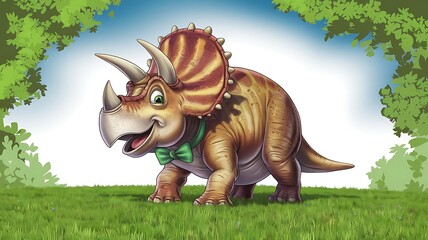 Fototapeta premium Cartoon Triceratops dinosaur stands in a grassy meadow