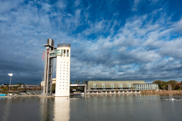 Seville, Andalusia, Spain; February 16, 2025: Schindler Tower and Navigation Pavilion on the Cartuja Island. Seville, Andalusia, Spain.