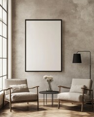 Fototapeta premium Minimalist Living Room with Two Chairs and Large Wall Frame