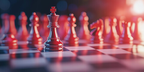 Naklejka premium A Close-Up View of a Chessboard Featuring a Red King Piece Surrounded by Other Colorful Chess Pieces in Blurred Background