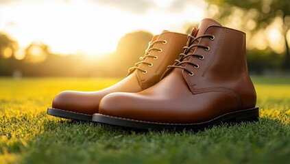 Elegant Leather Boots on Grass with Warm Sunset Light