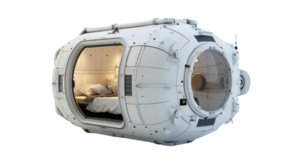 Futuristic escape pod showing bed and transparent window on transparent background