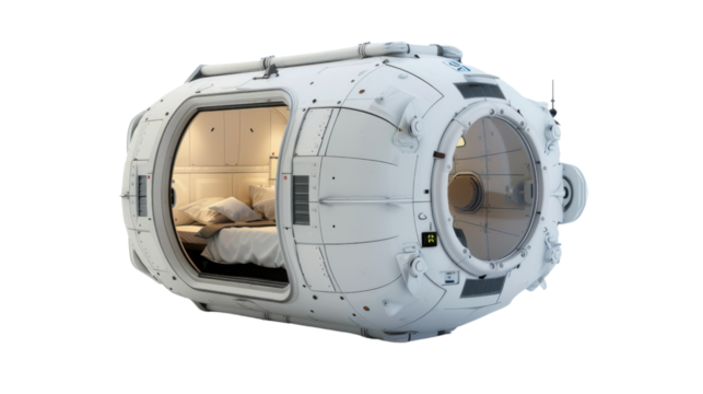Futuristic escape pod showing bed and transparent window on transparent background