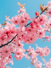 Fototapeta premium Blooming tree branches with pink flowers against blue sky. Sprin