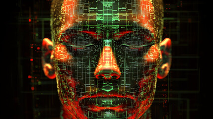 Futuristic Digital Human Face AI Technology Abstract Cyberpunk Portrait Glowing Network