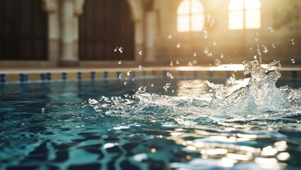 Sunlit water splash in a clear pool.