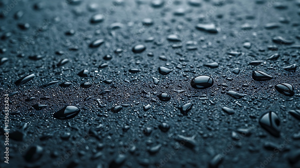 Poster close-up of water droplets on a dark surface, creating a textured and reflective appearance that emp