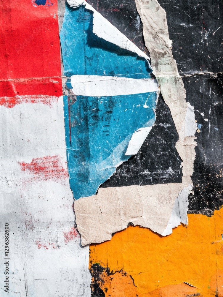 Poster colorful urban street art featuring torn poster layers and abstract shapes creating dynamic visual t