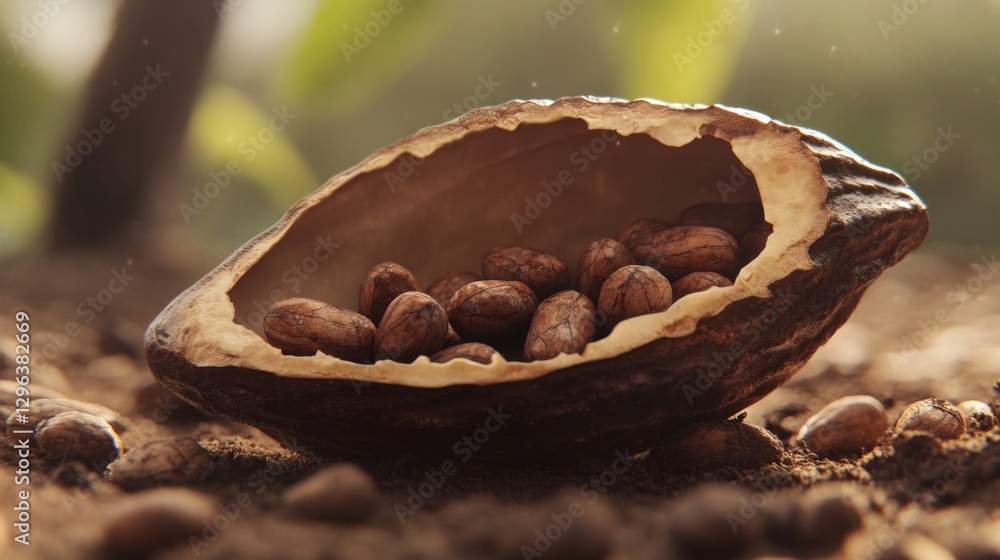 Poster 3d rendered cacao pod split open to reveal rich cocoa beans