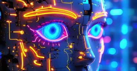 Fototapeta premium Neon sign ai awakening glowing eyes radiating electric blue energy futuristic data grid bright colorful realistic photo